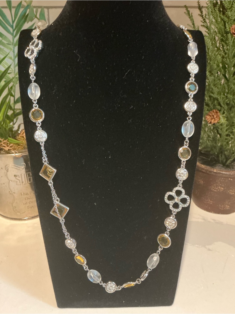Sterling-Tone Multi Gemstone Station Necklace in Clear and Yellow
